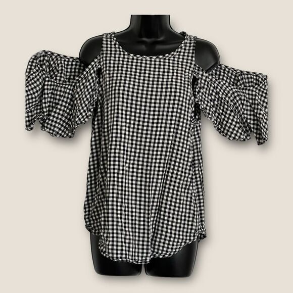 Off the shoulder black & white checkered blouse size Medium, NWOT - Picture 5 of 7